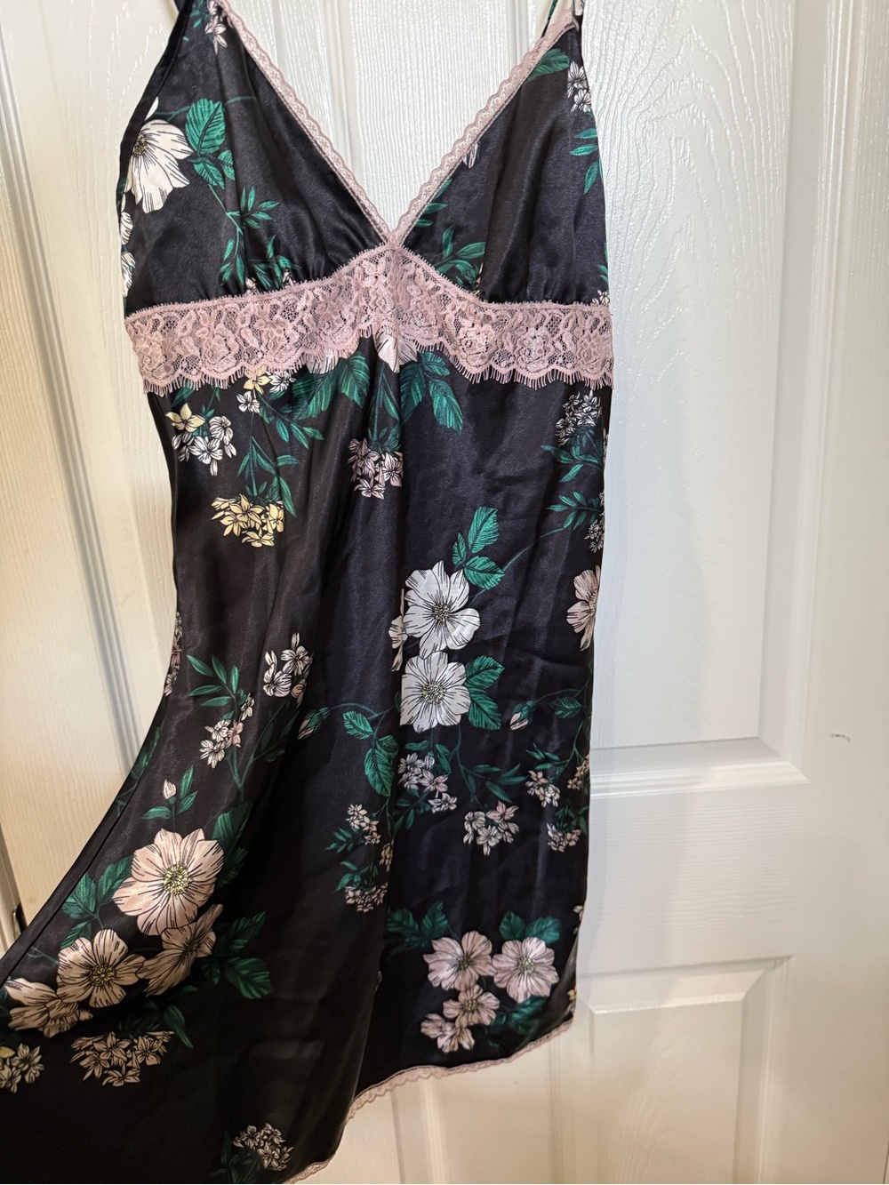 Adore Me Black Floral Satin Chemise with Pink Lace Trim